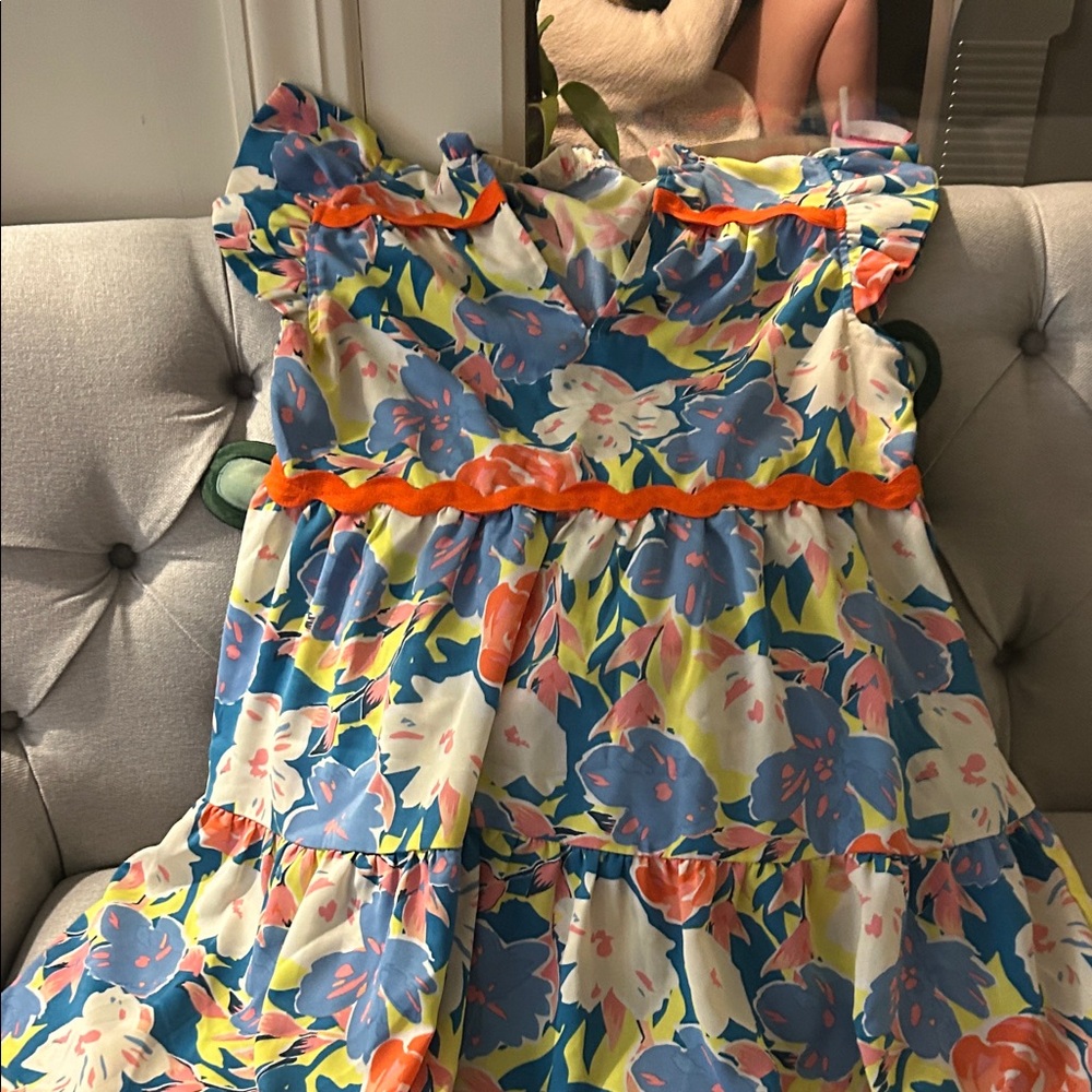 Vibrant Floral Mini Dress with Orange Accents